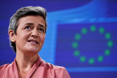 epa08490535 European Union Commission Executive Vice President Margrethe Vestager talks during a video press conference at the European Commission in Brussels, Belgium, 17 June 2020, to presents a 'White Paper' to better arm the EU against unfair competition from heavily subsidized foreign, especially Chinese, companies.  EPA/KENZO TRIBOUILLARD / POOL