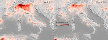 epa08327949 (COMPOSITE) A handout composite picture made available by the European Space Agency (ESA) shows two images, using data from the Copernicus Sentinel-5P satellite, of the average nitrogen dioxide concentrations over Italy from 14 to 25 March 2020 (R), compared to the monthly average concentrations from March 2019 (issued 28 March 2020). Scientists observed strong reduction of nitrogen dioxide concentrations over major cities across Europe as a result of strict measures placing cities and at times entire countries on lockdown. The novel coronavirus SARS-COV-2, which causes the Covid-19 disease, has been recognized as a pandemic by the World Health Organization (WHO) on 11 March 2020.  EPA/KNMI/ESA HANDOUT -- contains modified Copernicus Sentinel data (2019-20), processed by KNMI/ESA -- HANDOUT EDITORIAL USE ONLY/NO SALES
