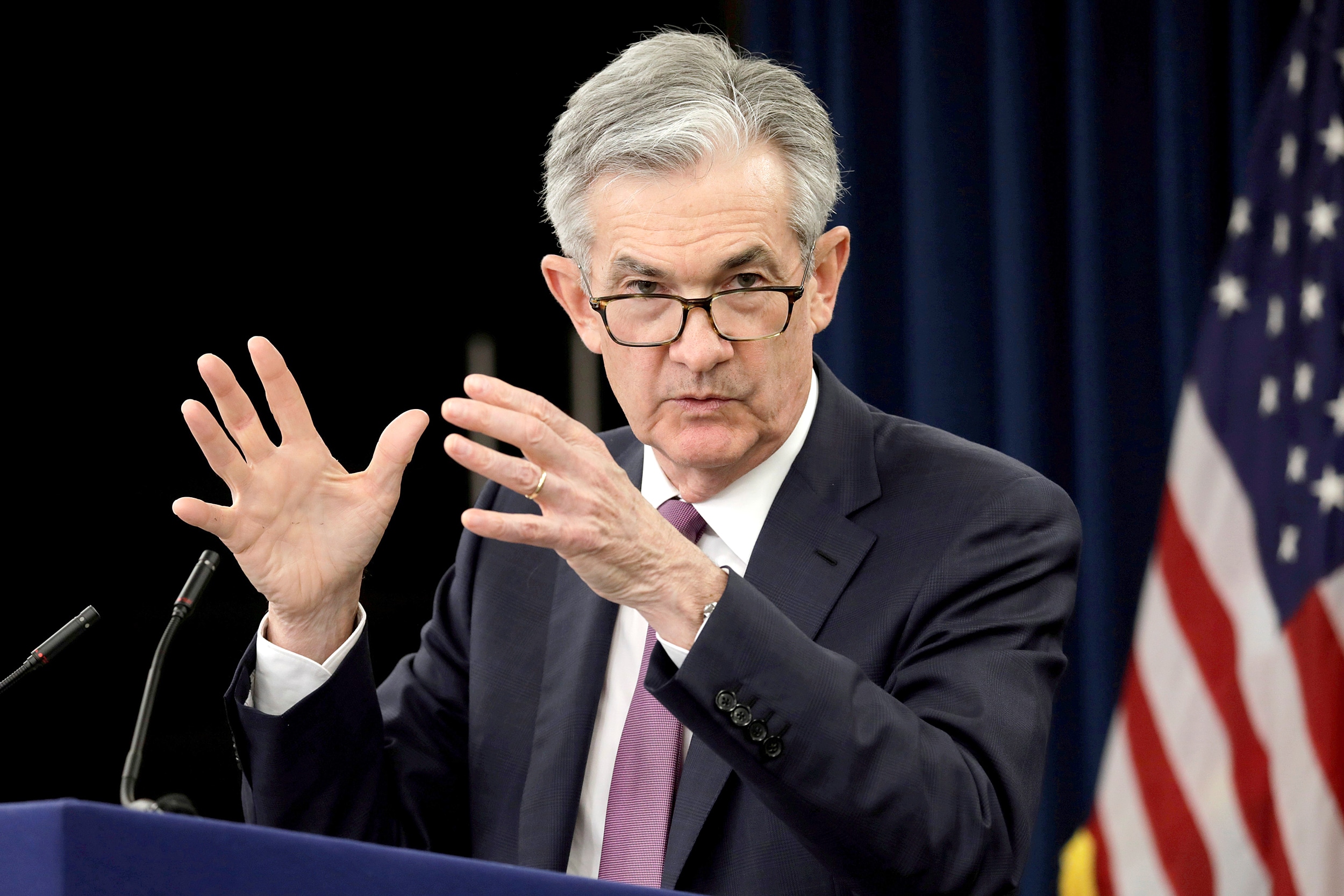 FILE PHOTO: Federal Reserve Board Chairman Jerome Powell speaks at his news conference following the closed two-day Federal Open Market Committee meeting in Washington, U.S., May 1, 2019. REUTERS/Yuri Gripas/File Photo