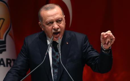 epa07909656 Turkish President Recep Tayyip Erdogan addresses provincial chairmans of ruling Justice and Development Party (AKP) in Ankara, Turkey 10 October 2019. Turkey has launched an offensive targeting Kurdish forces in north-eastern Syria, days after the US withdrew troops from the area.  EPA/STR