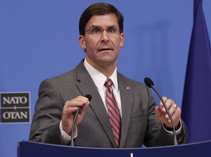 epa07719348 (FILE) - Acting US Secretary for Defense Mark Esper gives a news conference during NATO defense ministers meeting in Brussels, Belgium, 27 June 2019 (Reissued 15 July 2019). On 15 July 2019, US President Donald J. Trump officially nominated Acting US Secretary for Defense Mark Esper to be the next Secretary of Defense. On 16 July 2019, the Senate Armed Services Committee will hold a confirmation hearing for the nomination.  EPA/OLIVIER HOSLET
