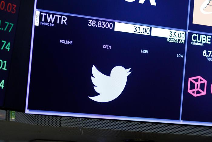 epa07945779 A logo for the company Twitter on the floor of the New York Stock Exchange at the opening bell in New York, New York, USA, on 24 October 2019. Shares of the company fell today after the companyà¢s earnings report did not meet financial analystà¢s expectations.  EPA/JUSTIN LANE
