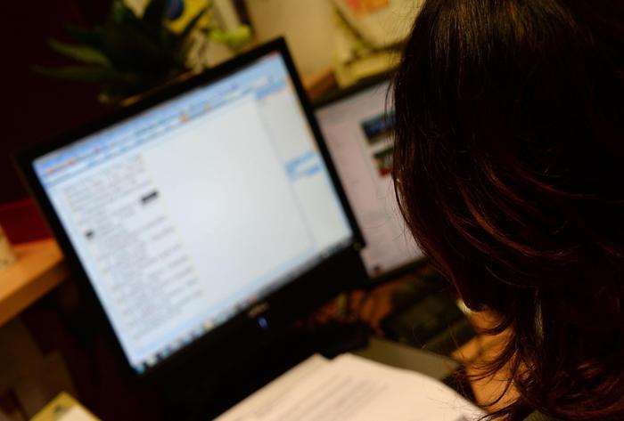 Una donna al computer, in una foto d'archivio.
ANSA/FRANCO SILVI