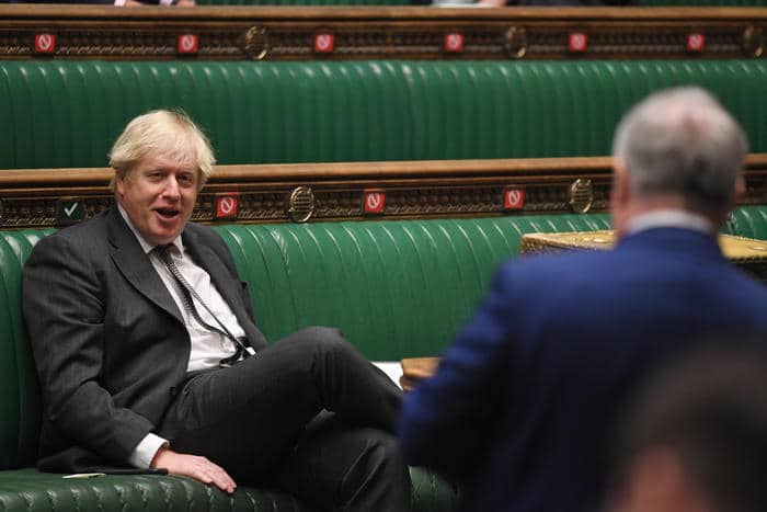 epa08911471 A handout photograph released by the UK Parliament shows Britain's Prime Minister Boris Johnson during the debate in the House of Commons on the EU (Future Relationship) Bill  in London, Britain, 30 December 2020.  EPA/JESSICA TAYLOR  HANDOUT EDITORIAL USE ONLY/NO SALES