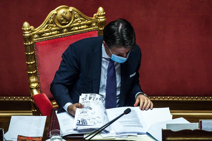 Italian Prime Minister Giuseppe Conte reads notes during communications to the Senate on the epidemiological situation and on any further measures to deal with the emergency of the Coronavirus Covid-19 pandemic, Rome, Italy, 02 November 2020. ANSA / ANGELO CARCONI
