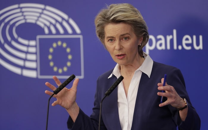 epa08951482 European Commission President Ursula von der Leyen during a press conference following a debate to present the programme of activities of the Portuguese presidency of the EU at plenary session of the European Parliament, in Brussels, Belgium, 20 January 2021.  EPA/OLIVIER HOSLET