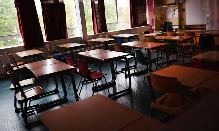 epa08614219 An empty class room at a school in southern London, Britain, 20 August 2020. The British government has stated that all schools, primary and secondary schools must reopen in September following lockdown due to the Coronavirus pandemic.  EPA/ANDY RAIN