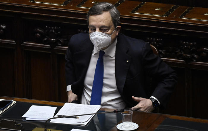 Italian Prime Minister Mario Draghi at the lower Chamber of Deputies for a confidence vote on his new government, Rome, Italy, 18 February 2021. ANSA/RICCARDO ANTIMIANI POOL