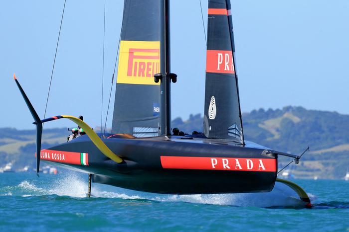 Luna Rossa Prada Pirelli competes against INEOS Team UK on day three, race five of the final of the Prada Cup 2021, the challengers series of the 36th America's Cup in Auckland on February 20, 2021. (Photo by Gilles Martin-Raget / AFP)
