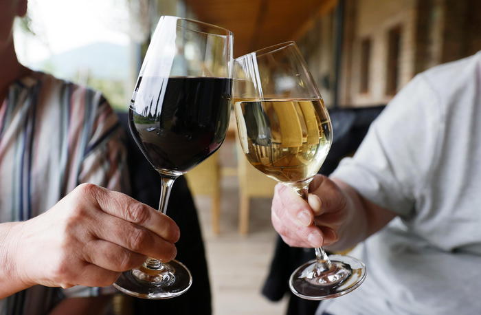 epa08420073 Guests toast with glasses of wine at the restaurant 'Winery Marienhof' in Flemlingen, Germany, 13 May 2020. From today on, restaurants will reopen in the German state of Rhineland-Palatinate amid the ongoing coronavirus COVID-19 pandemic. Countries around the world are taking measures to stem the widespread of the SARS-CoV-2 coronavirus which causes the COVID-19 disease.  EPA/RONALD WITTEK