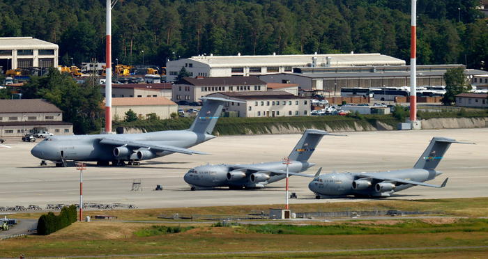 epa08472443 US military aircrafts stand at the US Airbase in Ramstein, Germany, 08 June 2020. The Ramstein US Air Base is a military airfield of the United States Air Force and Headquarters of US Air Forces in Europe. According to the media, the USA wants to reduce the number of soldiers stationed in Germany by up to 9500.  EPA/RONALD WITTEK