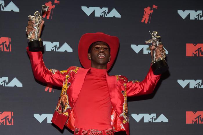 epa07796598 Lil Nas X poses with awards in the Press Room during the 2019 MTV Video Music Awards at the Prudential Center in Newark, New Jersey, USA, 26 August 2019.  EPA/DJ JOHNSON