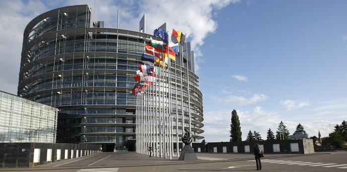 Flags outside the European Parliament building Louise Weiss in Strasbourg - LOW