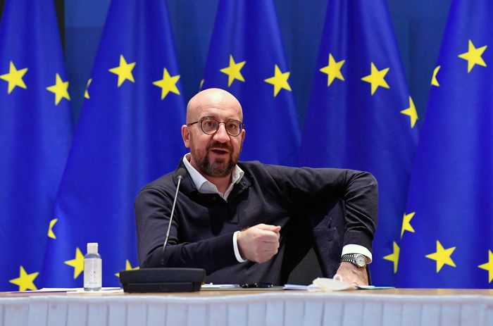 epa09053962 European Council President Charles Michel takes part in a video-conferenced meeting with German Chancellor at the European Council in Brussels, Belgium, 05 March 2021.  EPA/JOHN THYS / POOL