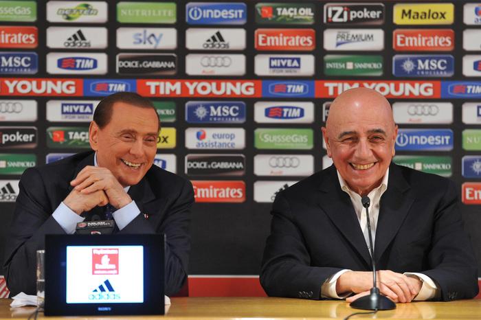 AC Milan President Silvio Berlusconi (L) with Ceo Adriano Galliani during the press conference at the Milanello sportive center in Carnago, Italy, 23 February 2013.
ANSA/LIVIO ANTICOLI