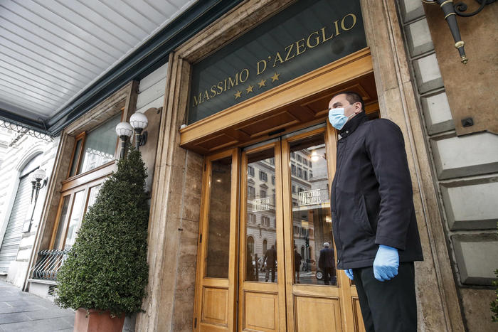 The entrance of the Massimo D'Azeglio hotel during the Covid-19 emergency, in Rome, Italy, 22 April 2020. ANSA/GIUSEPPE LAMI