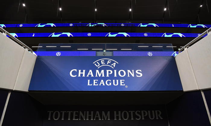 epa08228580 The logo of the UEFA Champions League on display ahead of the UEFA Champions League round of 16, first leg soccer match between Tottenham Hotspur and RB Leipzig in London, Britain, 19 February 2020.  EPA/ANDY RAIN