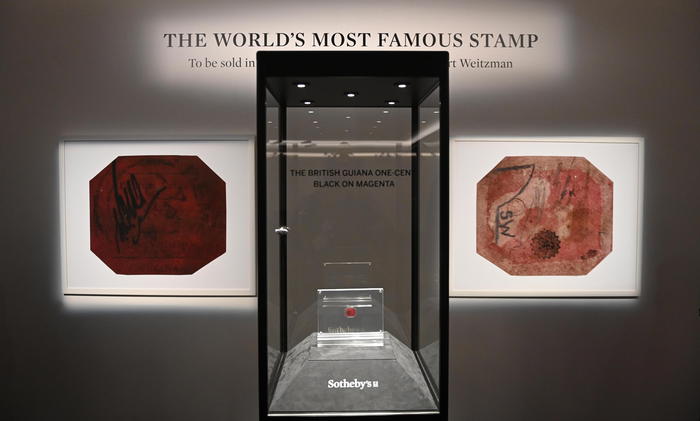 A British Guiana One-Cent Magenta stamp as it is displayed at Sotheby's Auction House in London, Britain, 28 April 2021. The stamp is the only known survivor of its kind and was created as a contingency in 1856 when a shortage of  stamps usually imported from England threatened to disrupt the postal service throughout British Guiana. With an estimate of 10 to 15 Million UIS Dollars, it will be auctioned at Sotheby's New York on 08 June 2021.  ANSA/NEIL HALL