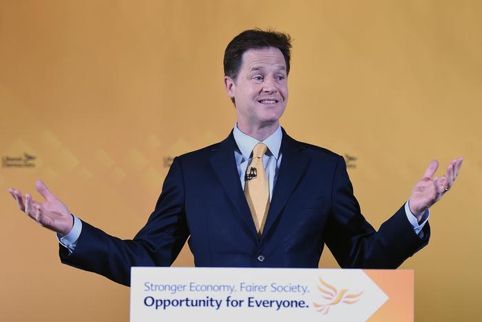 epa07104651 (FILE) - British Liberal Democratic Party leader deputy premier in the government coalition Nick Clegg delivers a speech on the economy at the National Liberal Club in central London 28 April 2015 (reissued 19 October 2018). According to media reports on 19 October 2018, former British deputy prime minister and Liberal Democrats leader, Nick Clegg has been hired by Facebook as its head of global affairs and communications.  EPA/ANDY RAIN