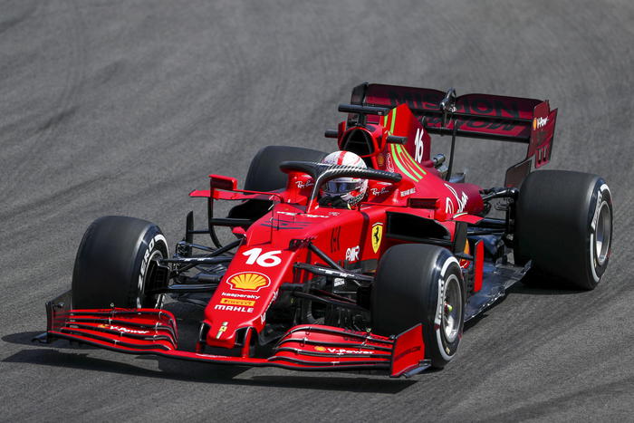epa09169781 French driver Charles Leclerc of Ferrari F1 team in action during the first practice session of the Formula One Grand Prix of Portugal at Autodromo Internacional do Algarve, near Portimao, Portugal, 29 April 2021. The Formula One Grand Prix of Portugal will take place on 02 May 2021.  EPA/JOSE SENA GOULAO