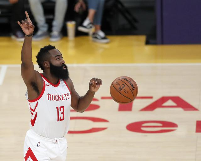 epa06660675 Houston Rockets guard James Harden calls a play in first half of the NBA basketball game between the Houston Rockets and the Los Angeles Lakers in Los Angeles, California, USA, 10 April 2018.  EPA/PAUL BUCK  SHUTTERSTOCK OUT