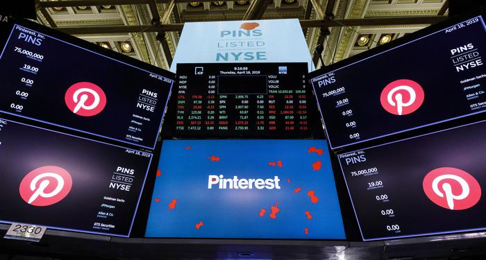 epa07513995 Signage at the New York Stock Exchange for the initial public offering of the social media company Pinterest in New York, New York, USA, 18 April 2019.  EPA/JUSTIN LANE