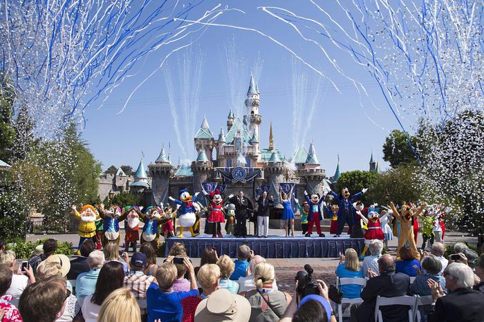 epa04851519 Handout image provided by Disneyland: Mickey Mouse and his friends celebrate the 60th anniversary of Disneyland park during a ceremony at Sleeping Beauty Castle featuring Academy Award-winning composer, Richard Sherman and Broadway actress and singer Ashley Brown, in Anaheim, California, USA, 17 July 2015. Celebrating six decades of magic, the Disneyland Resort Diamond Celebration features three new nighttime spectaculars that immerse guests in the worlds of Disney stories like never before with 