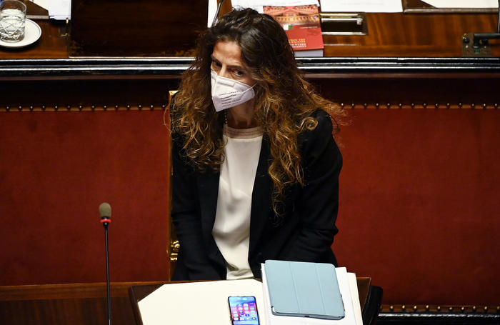 Vice Minister for Economic Development Alessandra Todde during a session at the Senate for the approval of a law on child benefit to introduce a single universal cheque for low-income families, Rome, Italy, 30 March 2021. ANSA/RICCARDO ANTIMIANI