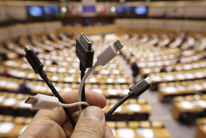 Several plugs of common chargers for mobile and radio equipment are pictured prior to a plenary session of the European Parliament, in Brussels, Belgium, 30 January 2020. ANSA/OLIVIER HOSLET
