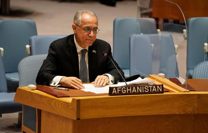 (FILES) In this file photo Permanent Representative of Afghanistan to the United Nations, Ghulam Isaczai speaks during a UN security council meeting on Afghanistan on August 16, 2021 at the United Nations in New York. - Afghanistan's ambassador to the UN has pulled out of delivering an address to world leaders at the United Nations General Assembly later September 27, 2021, a UN spokesperson said. Ghulam Isaczai, who represented ousted president Ashraf Ghani's regime, had been due to defy the Taliban with a speech but his name was removed from the list of speakers early Monday.