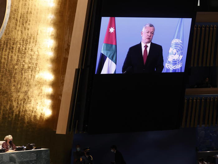 epa09481730 King of Jordan Abdullah II bin Al-Hussein delivers a pre-recorded message at 76th Session of the UN General Assembly in the UN General Assembly Hall at the United Nations Headquarters, in New York City, USA, 22 September 2021.  EPA/JOHN ANGELILLO / POOL