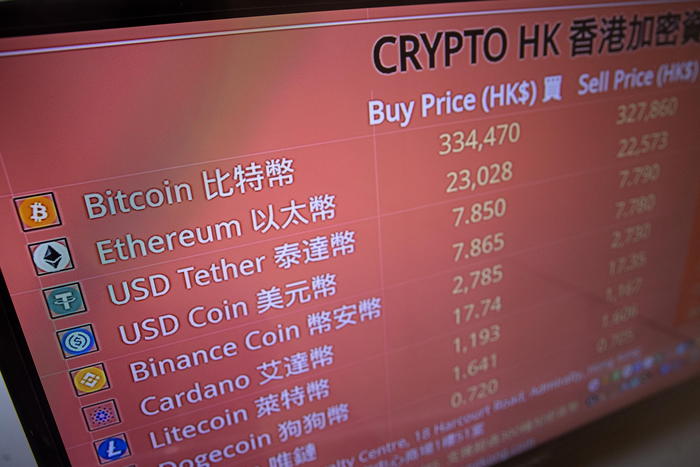 epa09486745 A monitor shows trading prices for Bitcoins and cryptocurrencies in Hong Kong, China, 25 September 2021. On 24 September, China intensified the crackdown on cryptocurrency with a blanket ban on all crypto transactions and mining, hitting bitcoin and other major coins and pressuring crypto and blockchain-related stocks.  EPA/JEROME FAVRE