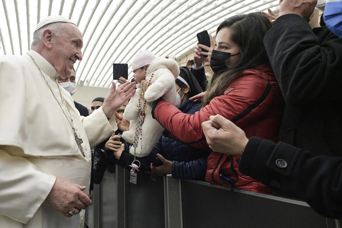 A handout picture provided by the Vatican Media shows Pope Francis during his weekly General Audience in the Paul VI Audience Hall in Vatican City, 24 November 2021.  ANSA/VATICAN MEDIA HANDOUT  HANDOUT EDITORIAL USE ONLY/NO SALES