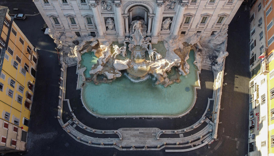 (Photo taken by drone) Trevi's Fountain looks deserted during the Coronavirus emergency lockdown in Rome, Italy, 2 and 3 April 2020. Police and soldiers are deployed across the country to ensure that citizens comply with the stay-at-home orders in a bid to slow down the wide spread of the pandemic COVID-19 disease.  ANSA/ALESSANDRO DI MEO