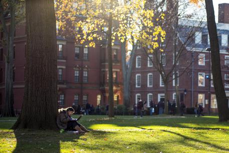 epa05651403 A student works while sitting in the waning sun near the end of the day on the Harvard University Campus in Cambridge, Massachusetts, USA 28 November 2016. Temperatures in the region rose to nearly 50F (10C) with mostly sunny skies.  EPA/CJ GUNTHER