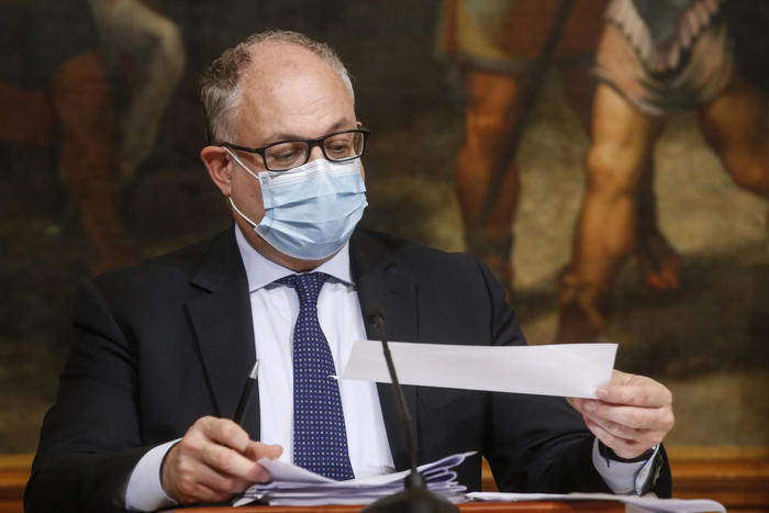 Italian Economy Minister, Roberto Gualtieri, attends a press conference during the second wave of the Covid-19 Coronavirus pandemic, at Chigi Palace in Rome, Italy, 27 October 2020.