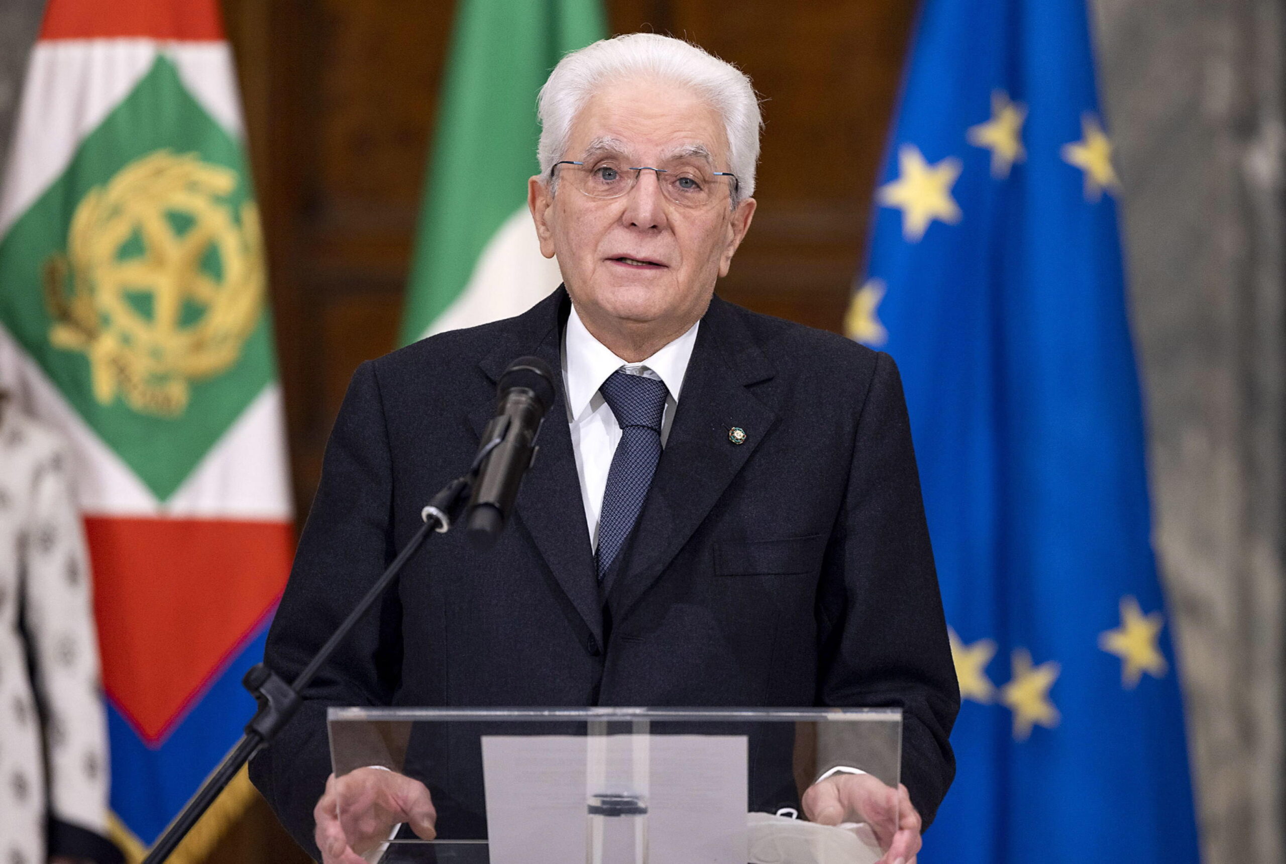 epa09717165 A handout photo made available by Quirinale Palace Press Office shows re-elected Italian President, Sergio Mattarella, talks on the occasion of the communication of the outcome of the vote for his election of the President of the Republic at the Quirinale Palace in Rome, Italy, 29 January 2022. Sergio Mattarella was re-elected on the eighth ballot of MPs, Senators and regional representatives after seven votes forced political parties to ask the outgoing head of state to rethink his retirement plans. Mattarella got 759 votes out of a total of 983 voters, compared to the 665 or 65.9percent he garnered in his first election in 2015.  EPA/QUIRINALE PALACE PRESS OFFICE/PA HANDOUT  HANDOUT EDITORIAL USE ONLY/NO SALES