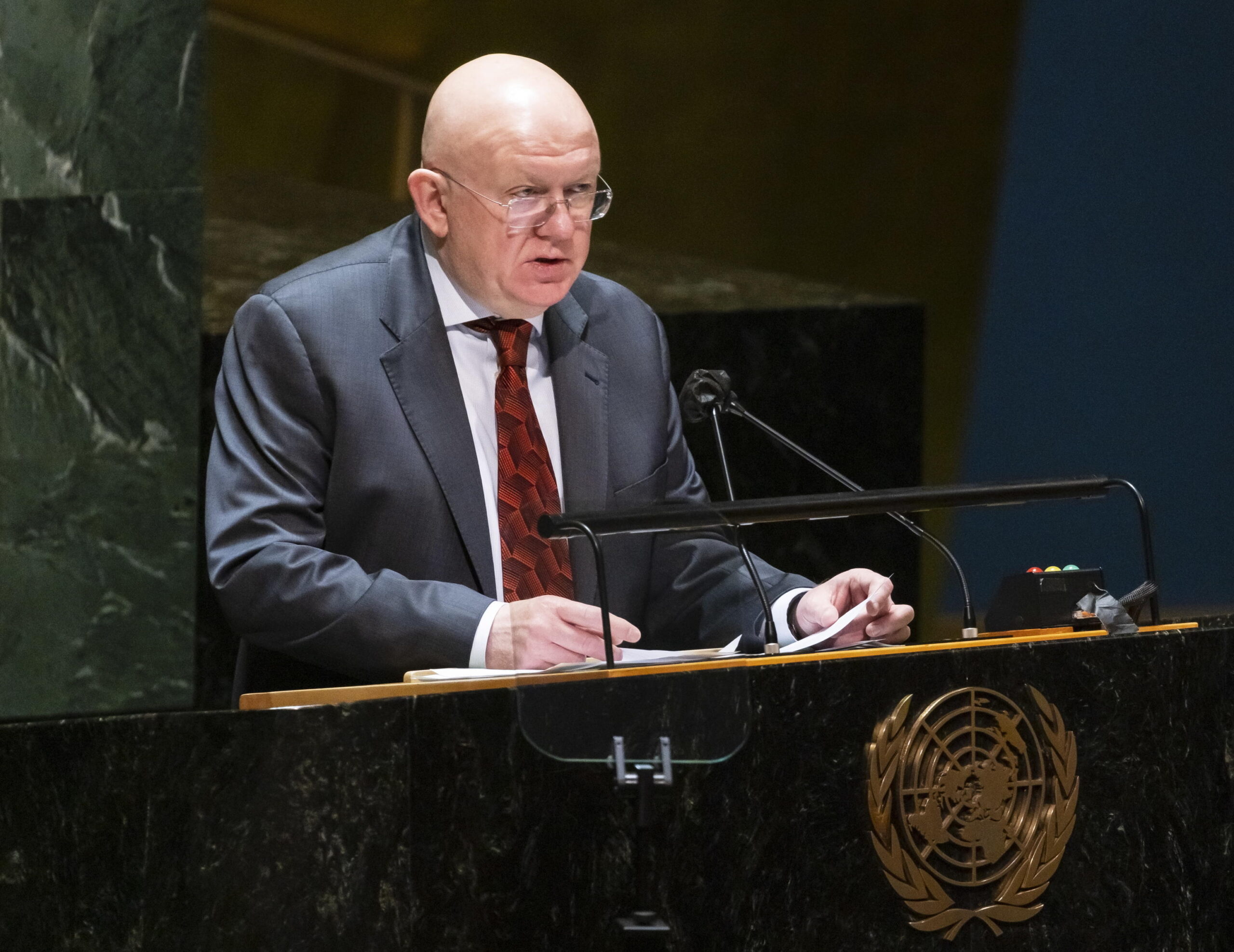epa09844486 Russia's Ambassador to the U.N. Vassily Nebenzia addresses a United Nations General Assembly meeting where member countries are scheduled to debate and vote on two resolutions related to the humanitarian crisis being caused by RussiaÂ?s invasion of Ukraine at United Nations headquarters in New York, New York, USA, 23 March 2022. The United Nations Security Council is also set today to take up a resolution sponsored by Russia related to the humanitarian situation in Ukraine, but without referring to the war.  EPA/JUSTIN LANE