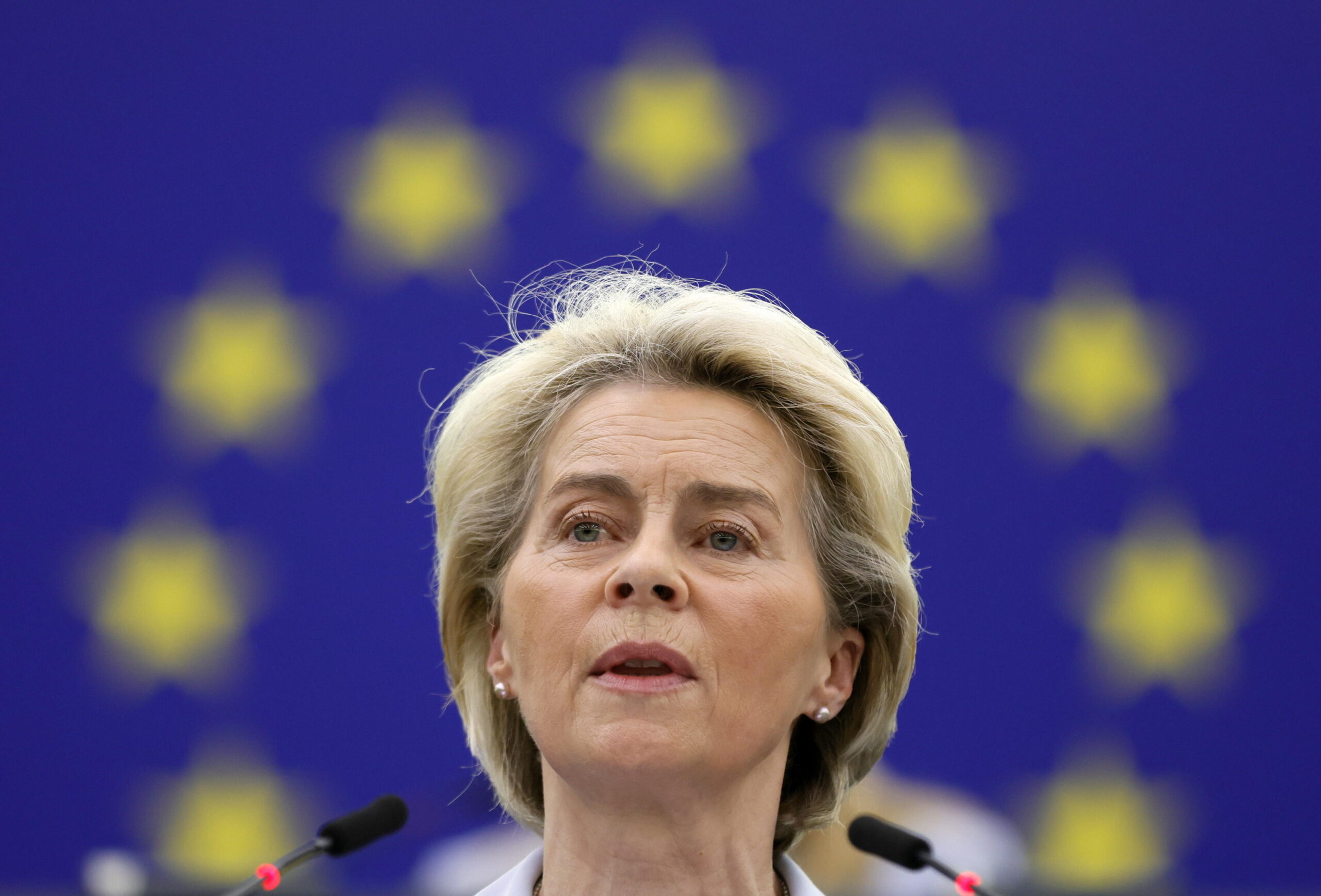 epa09873216 European Commission President Ursula von der Leyen delivers a speech during a debate at the European Parliament in Strasbourg, France, 06 April 2022. The European Parliament on 06 April will review the results of the European Council held on 24 and 25 March, focusing on the latest developments of the war in Ukraine and the EU sanctions against Russia.  EPA/RONALD WITTEK