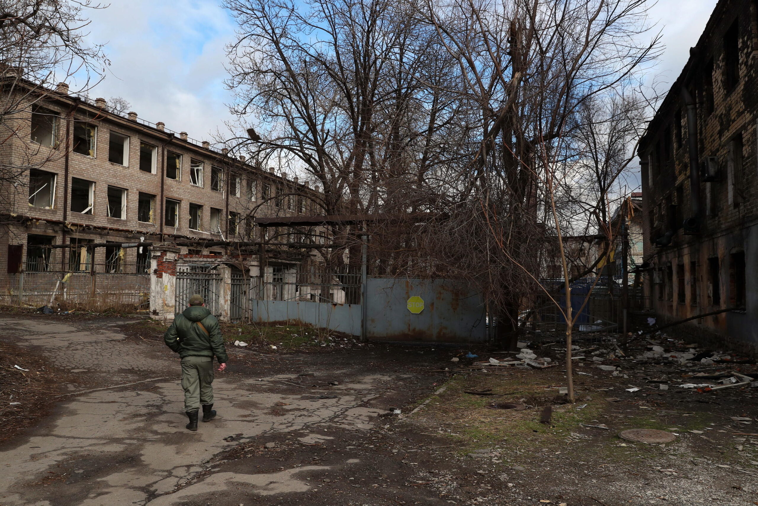 epa09852778 A general view of the damaged shoes factory shelled by a missile on 11 March causing the death of the facility security, in Dnipro, Ukraine, 27 March 2022. On 24 February Russian troops had entered Ukrainian territory in what the Russian president declared a 'special military operation', resulting in fighting and destruction in the country, a huge flow of refugees, and multiple sanctions against Russia.  EPA/NUNO VEIGA