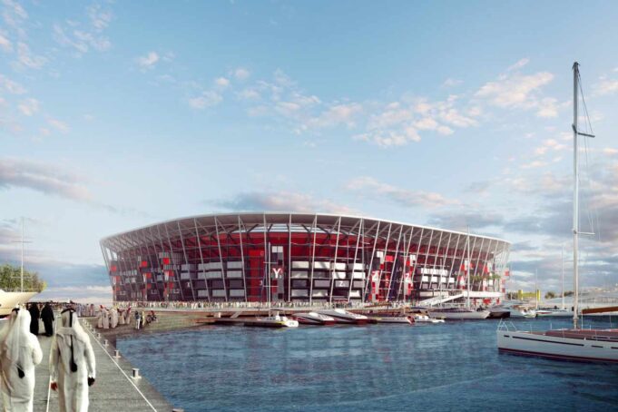 UNSPECIFIED: In this undated computer-generated artists impression provided by 2022 Supreme Committee for Delivery and Legacy, the Ras Abu Aboud stadium, a Qatar 2022 World Cup venue to be built in Doha, Qatar. (Illustration provided by 2022 Supreme Committee for Delivery and Legacy via Getty Images)