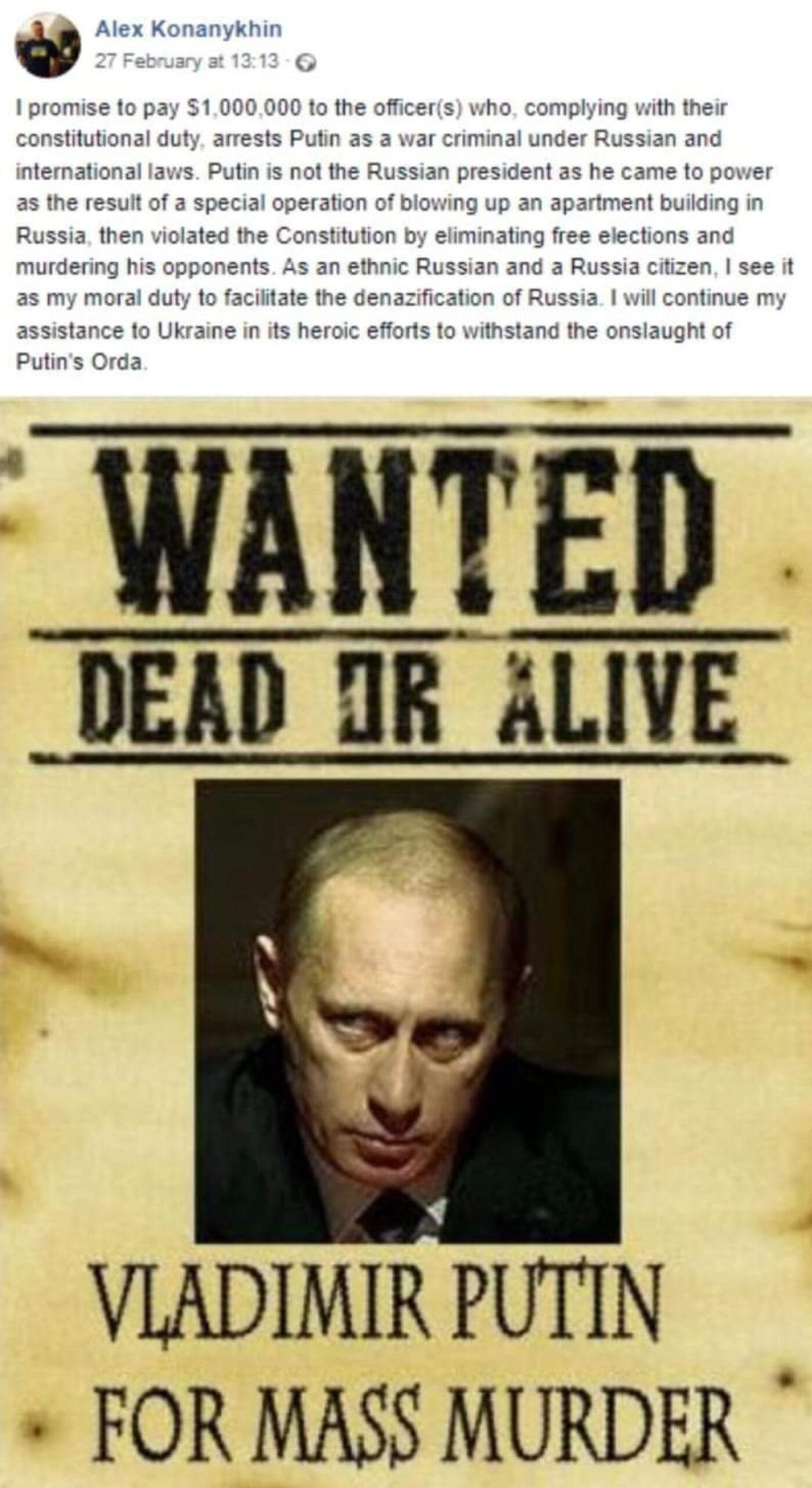 Un uomo d’affari russo offre una taglia da un milione di dollari a chi arresta Putin