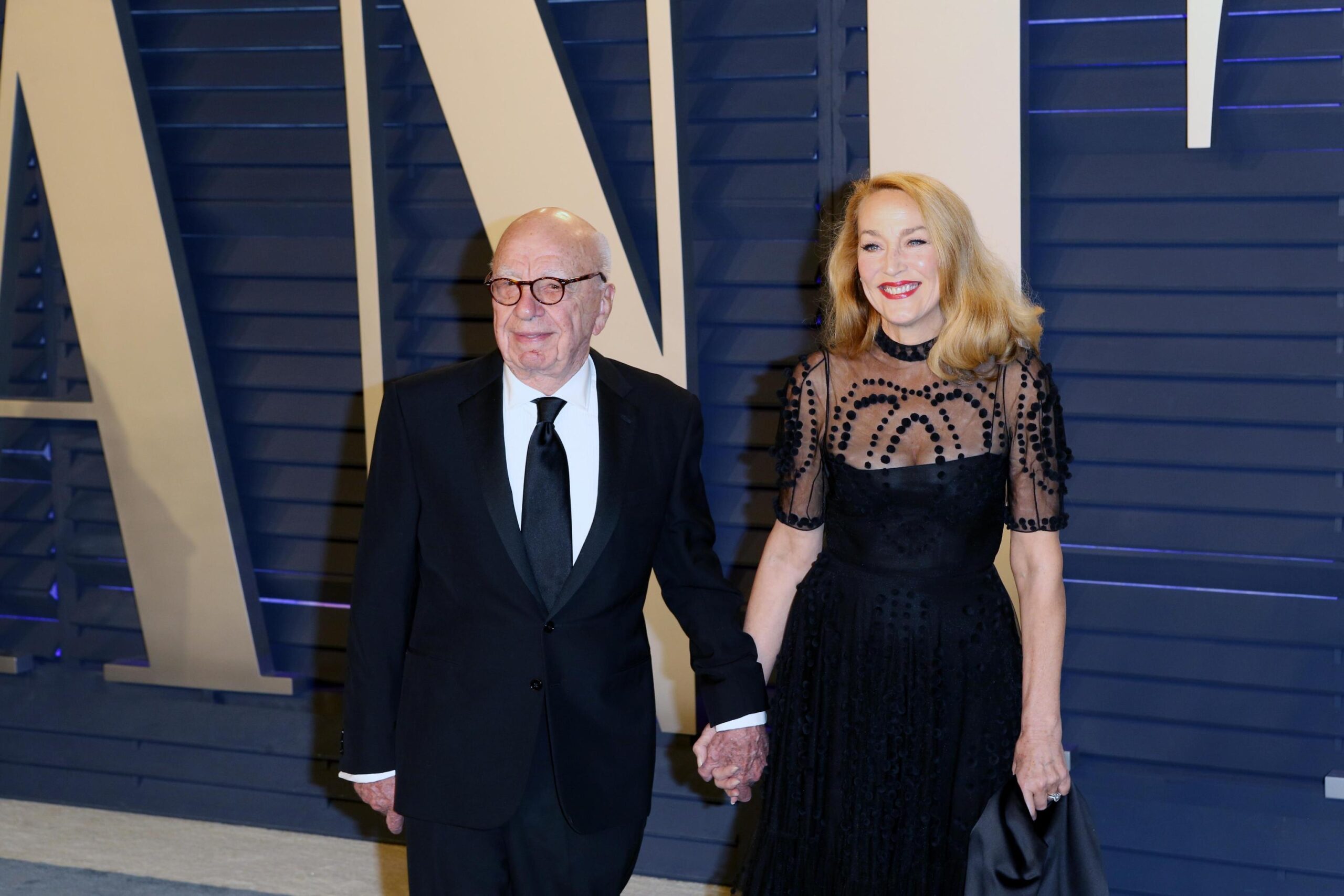 epa07395450 Rupert Murdoch (L) and Jerry Hall (R) poses at the 2019 Vanity Fair Oscar Party following the 91st annual Academy Awards ceremony, in Beverly Hills, California, USA, 24 February 2019. The Oscars are presented for outstanding individual or collective efforts in 24 categories in filmmaking. The Oscars are presented for outstanding individual or collective efforts in 24 categories in filmmaking.  EPA/NINA PROMMER