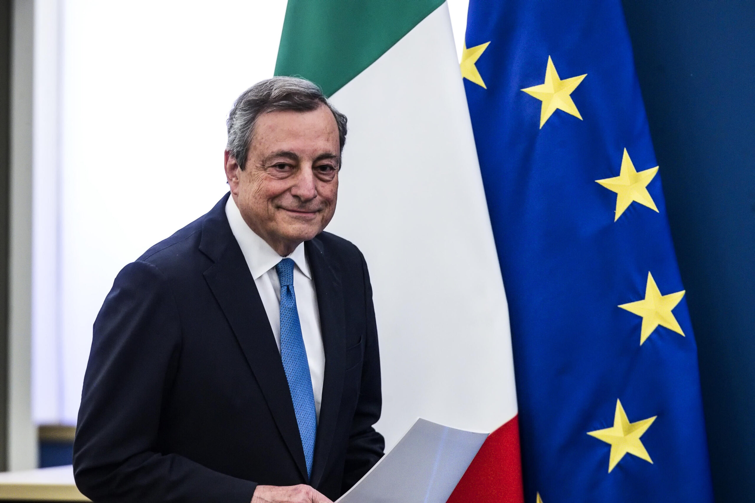 Italian Prime Minister Mario Draghi attends a press conference after the meeting with the CGIL, CISL, and UIL trade unions at the Multifunctional Hall of the Presidency of the Council, Chigi Palace, in Rome, Italy, 12 July 2022.
ANSA/ANGELO CARCONI