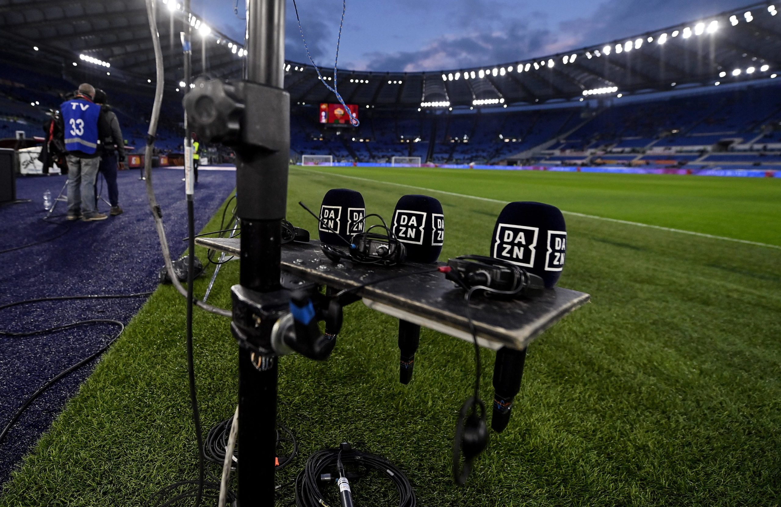 DAZN tv microphones prior the Serie A soccer match between AS Roma and Juventus FC at the Olimpico stadium in Rome, Italy, 9 January 2022. ANSA/RICCARDO ANTIMIANI