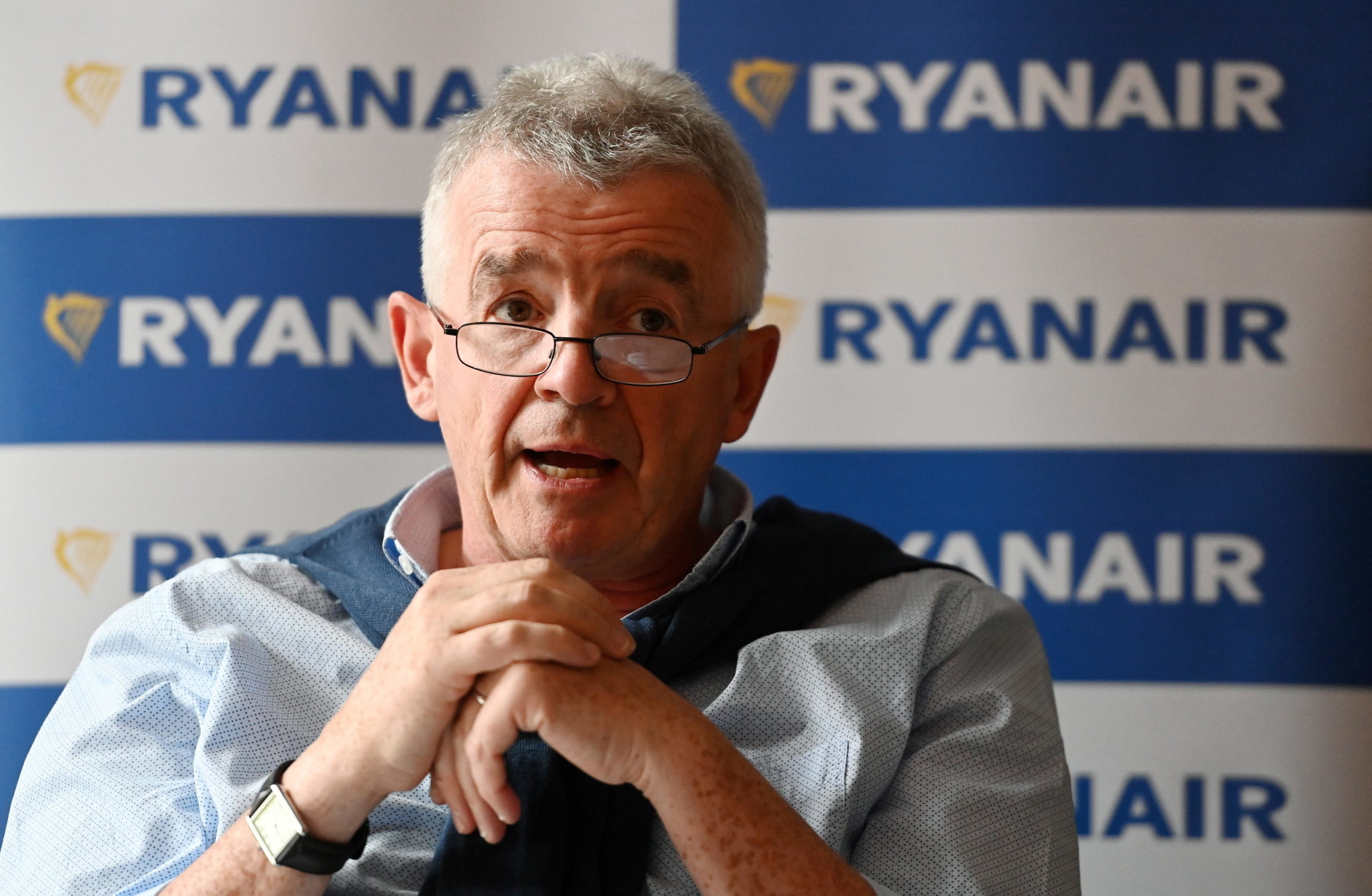epa09438450 Ryanair CEO Michael O'Leary speaks to the media during a press conference in London, Britain, 31 August 2021. Ryanair chief Michael O'Leary announced his airlines winter 2021 schedule and said he wants to encourage the UK government to do away with PCR testing for fully vaccinated travellers.  EPA/ANDY RAIN