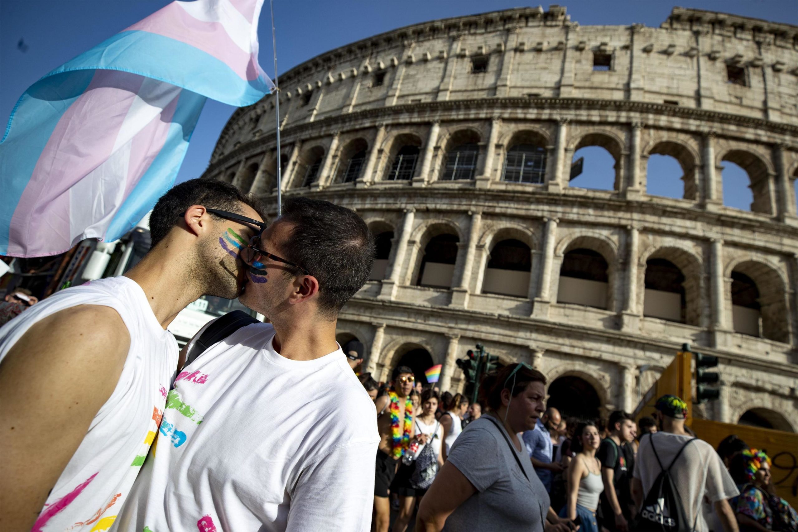 Partecipants attend a gay pride parade as part of ''Roma Pride
