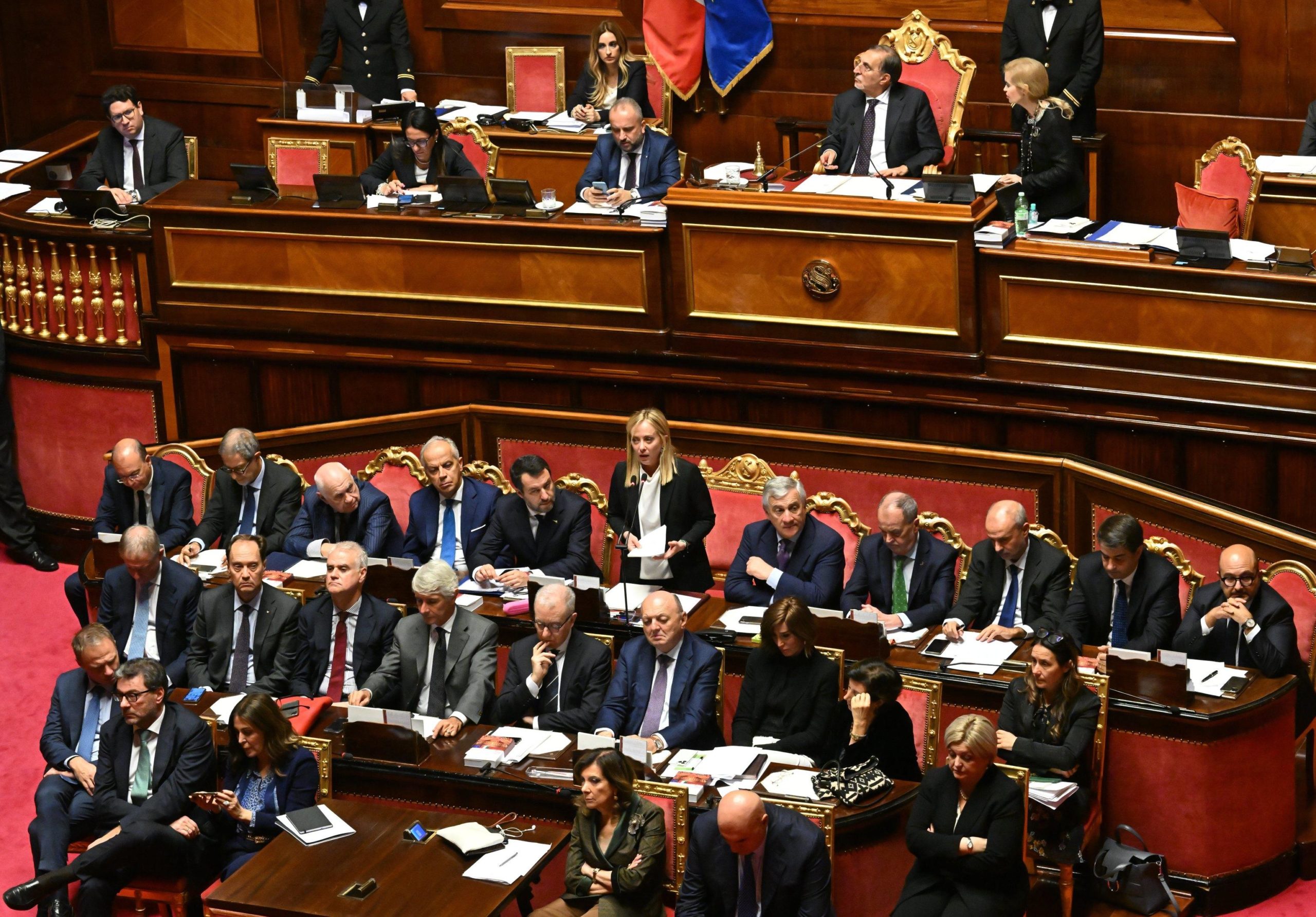 Italian Prime Minister, Giorgia Meloni, during her speech prior to the start of a confidence vote for the new government at the Italy's Senate, Rome, 26 October 2022. 
ANSA/CLAUDIO PERI