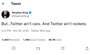 Twitter, interviene Stephen King: “Musk? Le auto sono un’altra cosa”