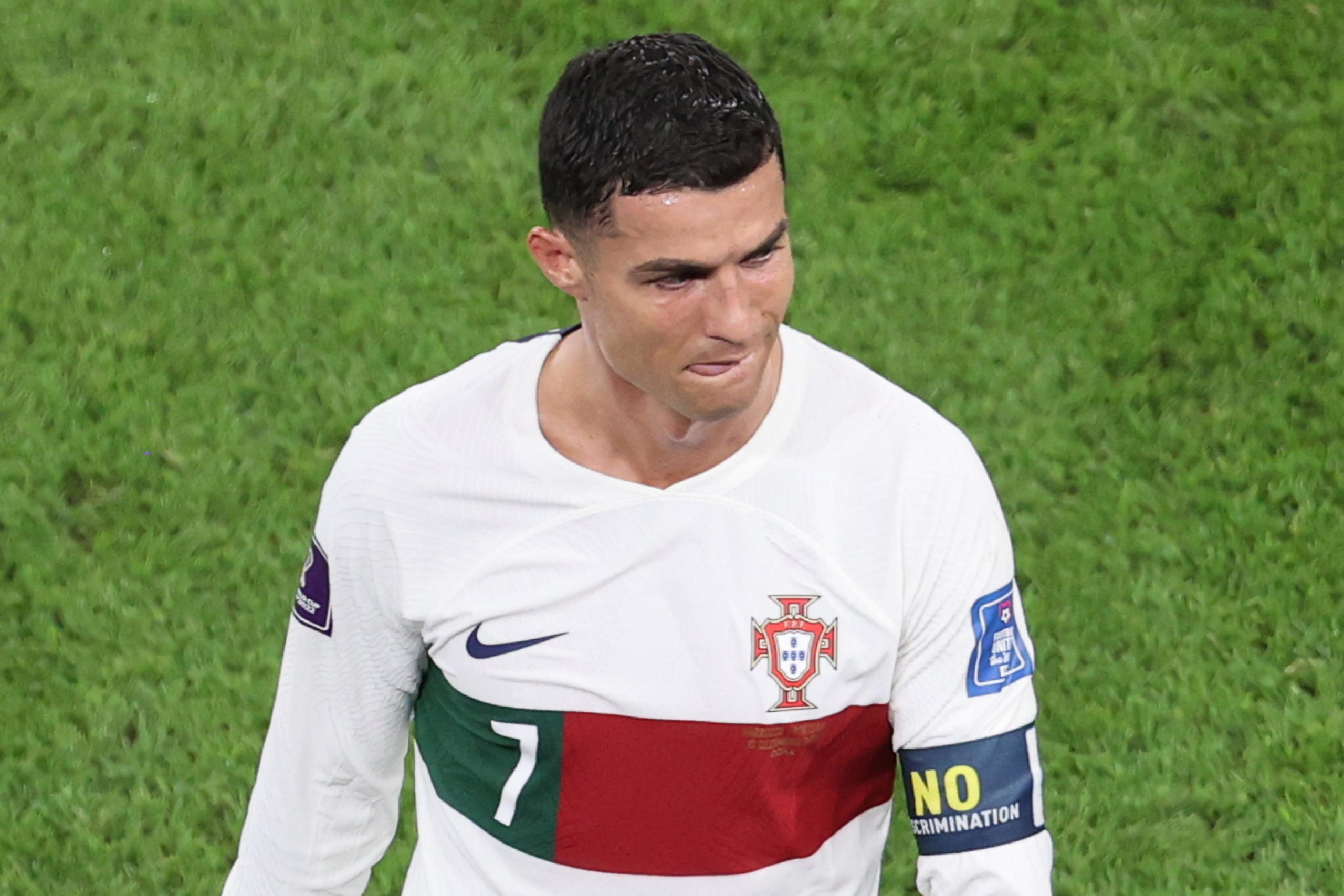 epa10359622 Cristiano Ronaldo of Portugal reacts as he leaves the pitch after the FIFA World Cup 2022 quarter final soccer match between Morocco and Portugal at Al Thumama Stadium in Doha, Qatar, 10 December 2022.  EPA/Abedin Taherkenareh